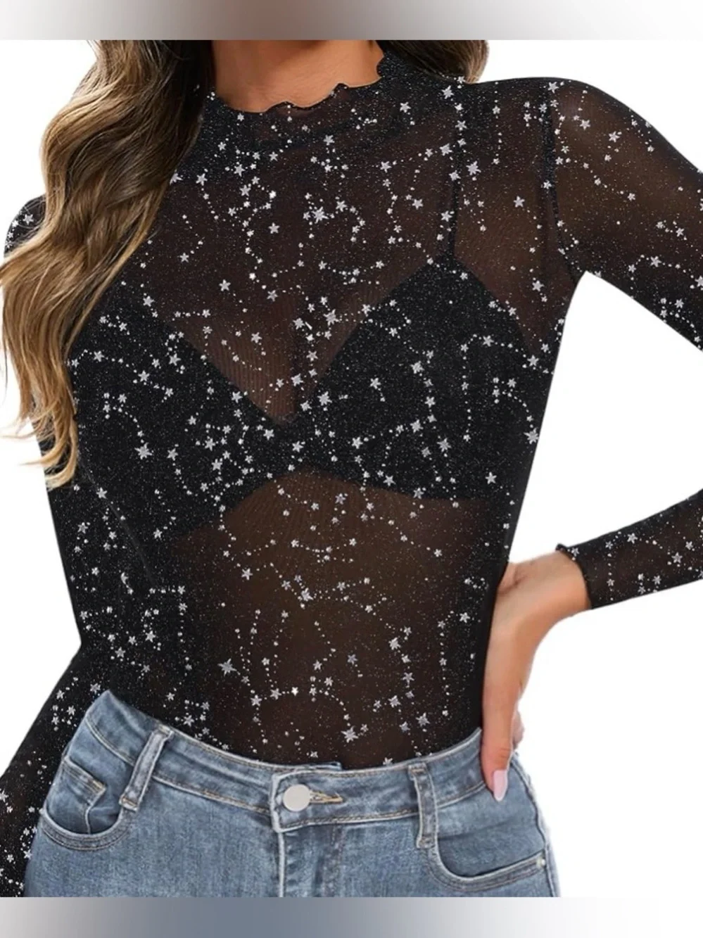 Sheer Star-Print Long Sleeve Top - Black - Picture 1 of 5